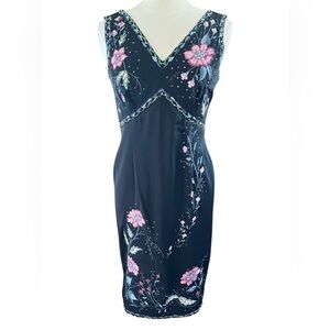 Spenser Jeremy Black Sheath Midi Dress w/sequins & embroidered Floral detail 8
